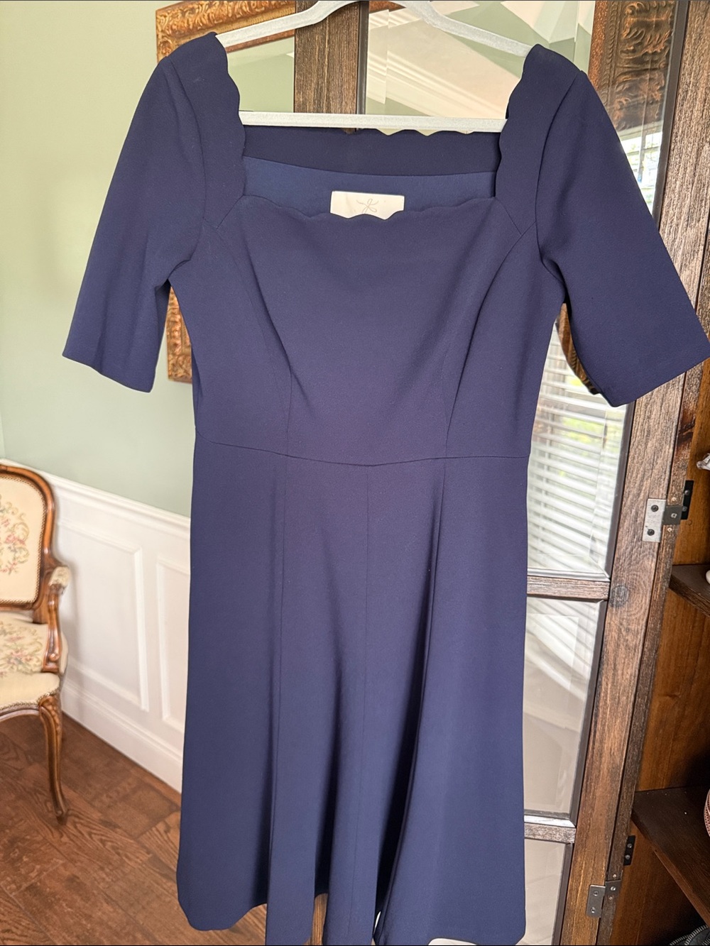 Gal Meets Glam Navy Scallop Square-Neck Midi Dress Size 10